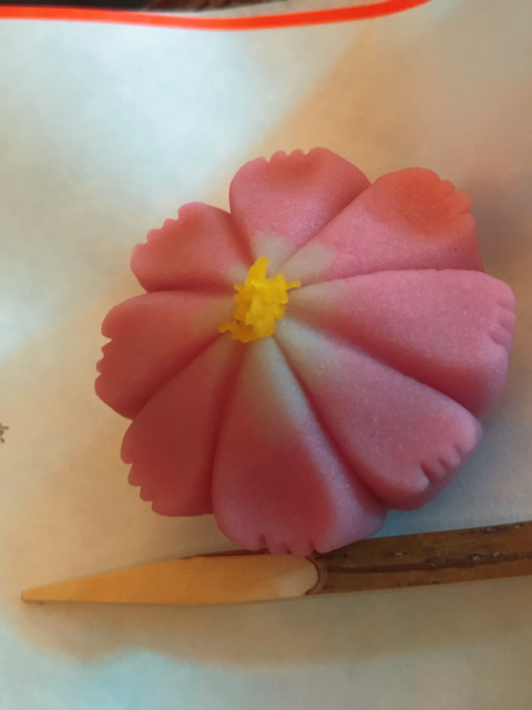 Pink, flower-shaped white bean paste wagashi